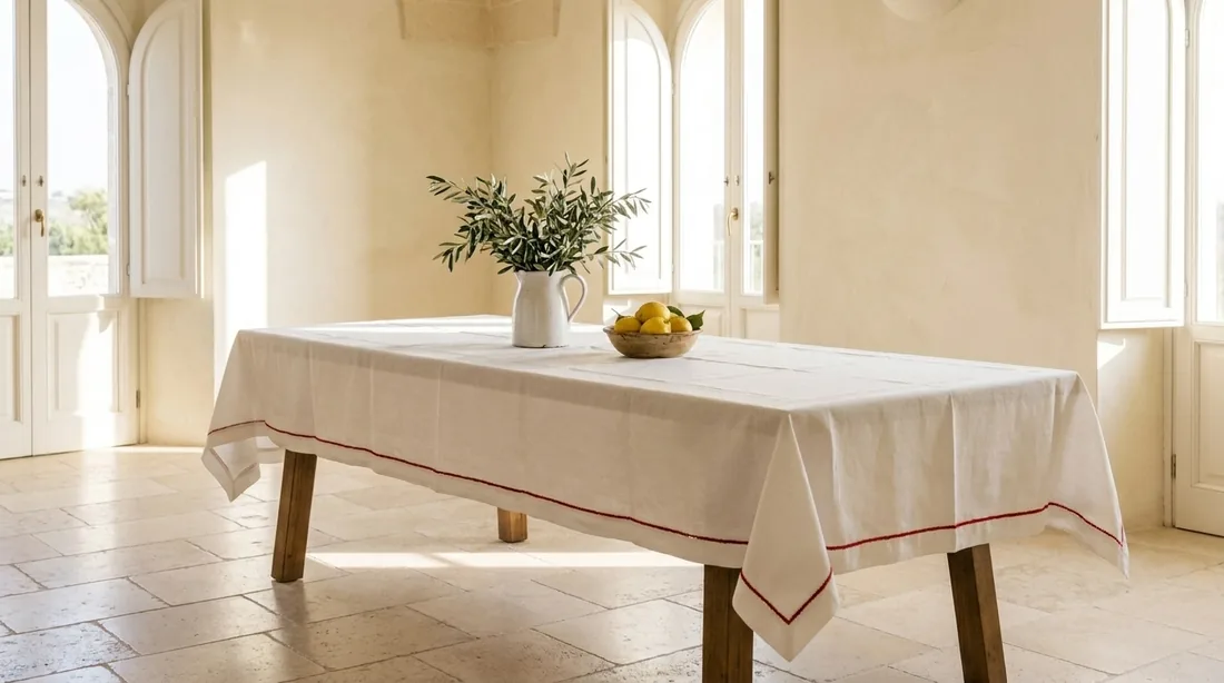 White linen tablecloth with a fine red crocheted line, in a bright Salento room