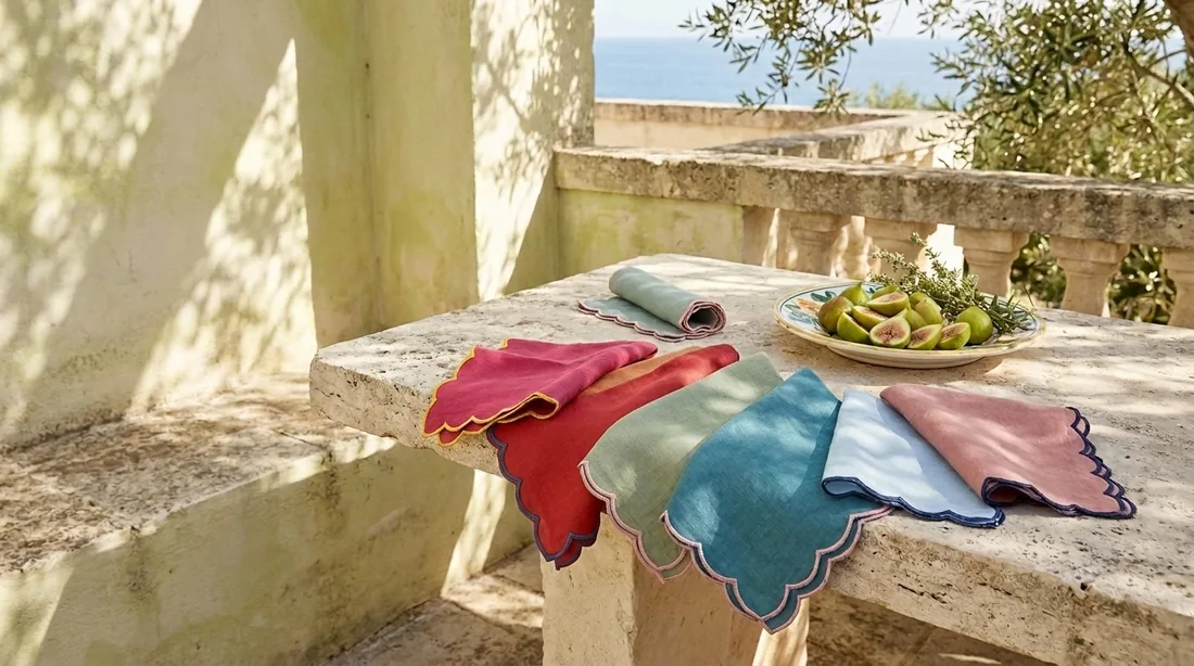 Linen napkins with contrasting scalloped edges fanned on a stone table