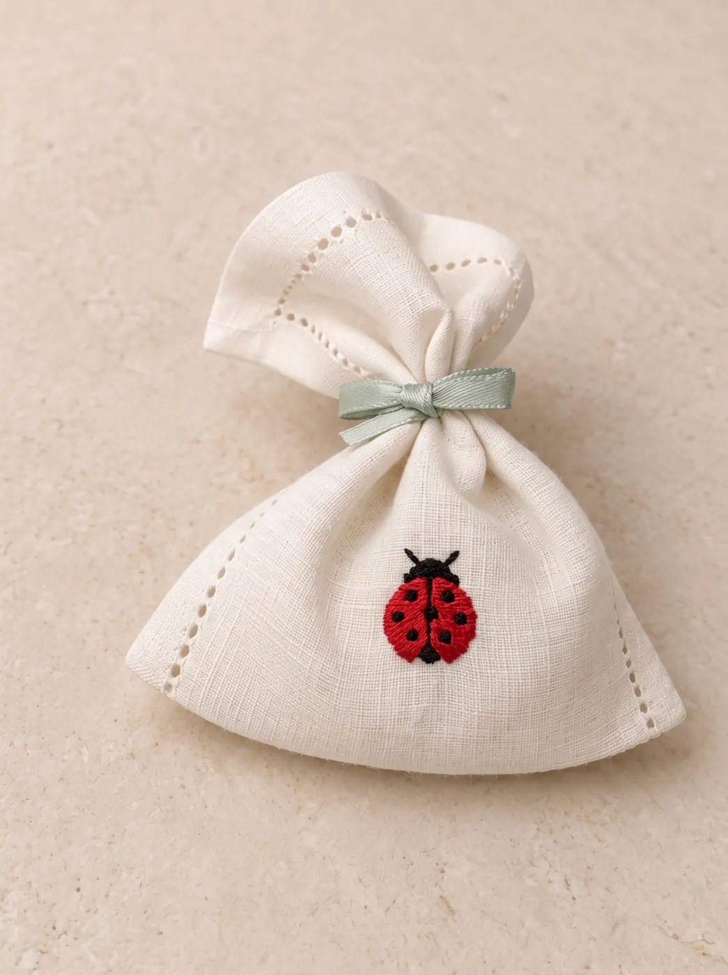 Embroidered napkin gathered and tied as a small gift